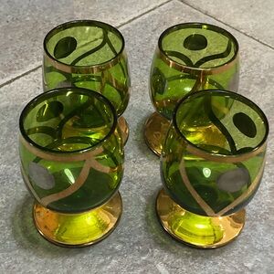 Green Glass Footed Tumblers with Gold Accent - Set of 4 shot glass or small cord